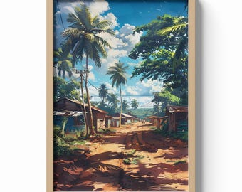 Accra Jamestown Print, Ghana Village Wall Art, Tropical Street Poster, African Travel Decor, Coastal Heritage Illustration