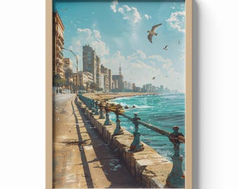 Alexandria Egypt Print, Seaside Promenade Wall Art, Mediterranean City Poster, Coastal Travel Decor, Urban Waterfront Illustration