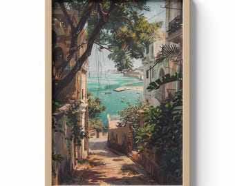 Algiers Bay Print, Mediterranean Alley Wall Art, North Africa Coastal Poster, Travel Decor, Historic Architecture Illustration