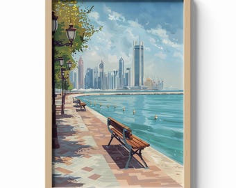 Abu Dhabi Print, Waterfront Promenade Wall Art, Modern Skyline Poster, Middle Eastern Travel Decor, Coastal City Illustration