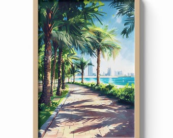 Abu Dhabi Print, Palm Walkway Wall Art, Coastal Cityscape Poster, Middle Eastern Travel Decor, Modern Skyline Illustration