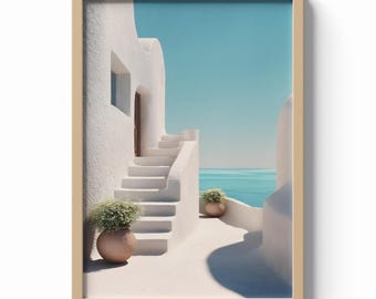 Santorini Greece Print, Whitewashed Architecture Wall Art, Coastal Mediterranean Poster, Greek Island Decor, Aegean Sea Illustration