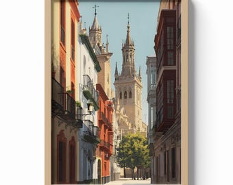 Seville Spain Print, Cathedral Street Wall Art, Andalusian Architecture Poster, European Travel Decor, Historic City Illustration