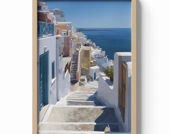 Santorini Greece Print, Coastal Village Wall Art, Whitewashed Architecture Poster, Greek Island Decor, Aegean Sea Illustration