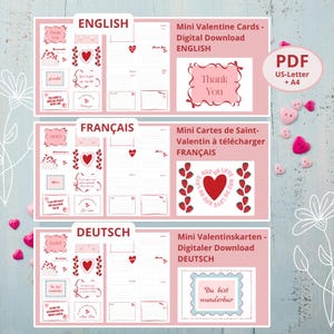 Peut inclure: Téléchargement numérique de mini cartes de Saint-Valentin en anglais, français et allemand. Les cartes présentent des cœurs rouges, des motifs floraux et les phrases « Thank You » et « You have a special place in my life ».