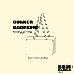 May include: A black and white line drawing of a bag with handles. The text "Bowler Baguette Sewing pattern" is above the bag. Below the bag is the text "-Inspired by trending bags-". The logo for Sew Close Studio is in the bottom right corner.