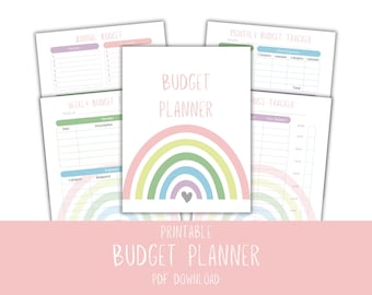 Pastel Rainbow Budget Planner Printable | Monthly, Weekly, Bill Tracker, Savings & Debt Payoff | PDF Download