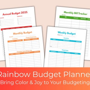 Puede incluir: Un conjunto de hojas de planificación presupuestaria coloridas. Las hojas incluyen secciones para presupuestos anuales, mensuales y semanales, con encabezados como "Ingresos" y "Gastos". El título "Rainbow Budget Planner" se muestra en la parte inferior.