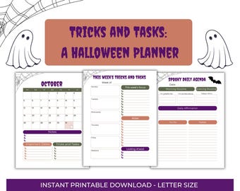 Op de afbeelding: Een Halloween-planner met een oktoberkalender, wekelijkse takenlijsten en een dagelijkse agenda. Het ontwerp bevat illustraties van geesten en spinnenwebben, met de tekst "TRICKS AND TASKS: A HALLOWEEN PLANNER".