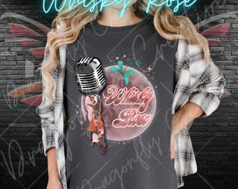 Whiskey Rose T-shirt | Retro Microphone, Floral Pinup Design