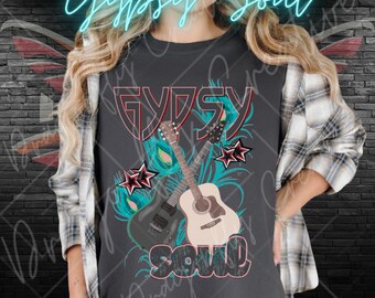 Gypsy Soul Guitar Illustration T-shirt | Acoustic Guitar Stars Graphic