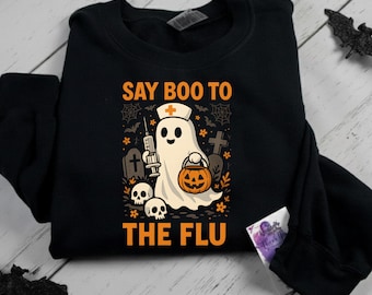 Say Boo to the Flu Ghost Nurse Halloween PNG with Pumpkin Syringe and Skulls Funny Healthcare Sublimation Digital Download
