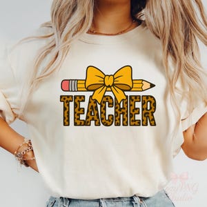 Leopard Print Teacher PNG Design with Yellow Bow and Pencil, Cute Back to School Sublimation Clipart for T-Shirts and Gifts