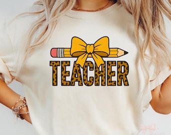 Leopard Print Teacher PNG Design with Yellow Bow and Pencil, Cute Back to School Sublimation Clipart for T-Shirts and Gifts