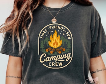 Camping Crew Fires Friends Fun Badge | Retro Campfire Adventure Sticker for Outdoor Enthusiasts, Hiking, Travel, and Nature Lovers