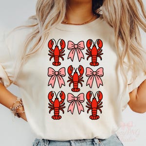 Langosta linda con lazo rosa PNG para sublimación, clipart de langosta roja con lazo, diseño digital náutico de verano para manualidades DIY