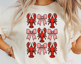 Cute Lobster with Pink Bow PNG for Sublimation, Red Lobster Clipart with Ribbon, Nautical Summer Digital Design for DIY Crafts