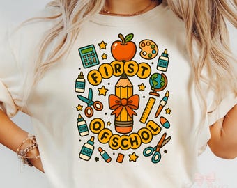 First of School PNG | Cute Back to School Sublimation Design | Pencil Apple Art Supplies PNG | Digital Download