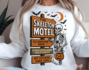 Skeleton Motel Halloween PNG, Spooky Skeleton Sign Digital Download, Haunted Graveyard Motel Sublimation for Halloween Crafts