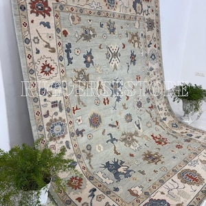 May include: A large, rectangular rug with a pale blue central field and detailed patterns in beige, brown, red, and blue. The rug has a complex border and a central design with floral and geometric motifs. The text "RUGERS STORE" is visible.