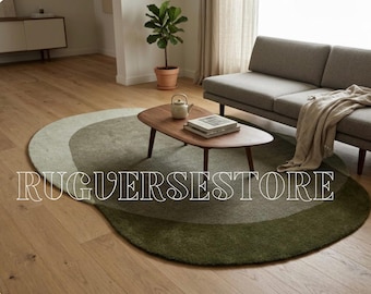 Modern Green Abstract Hand Tufted Irregular Shaped New Zealand Wool Area Rug 3x5, 4x6, 5x8, 6x9,8x10, 9 x 12 ft for Living Room,Bedroom etc