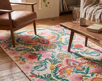 Alfombra Mindthegap multicolor de lana tejida a mano, disponible en tamaños de 3x5, 4x6, 5x8, 6x9, 8x10 y 9x12 pies, ideal para sala de estar, dormitorio, salón, habitación de invitados, etc.