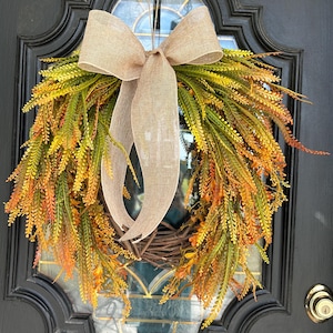 Fall Bead Grass Wreath: Burlap Bow, Front Door wreath ,fall wreath