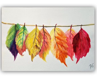 Watercolor Painting, "FALL-AUTUMN LEAVES on a line" Original Watercolor Painting not print, leaves, clothesline, fall colors, autumn colors