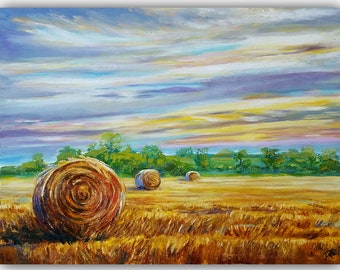 Field of Wheat with Wildflowers Original ART 12x 16 Landscape Painting by Justyna Kostkowska Buttercups and Cornflowers in Poland