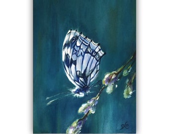 Oil Painting, BUTTERFLY 4, Original Oil Painting not print, blue butterfly, nature, light, shadows, plant, still life, signed by the artist