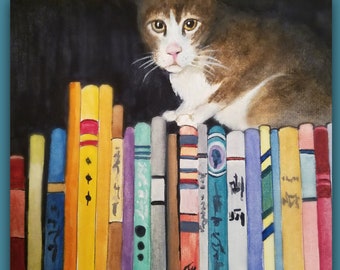 Watercolor Painting, "Cat and the Books," Original Watercolor Painting not a print,books, signed by the artist, kitten, colorful