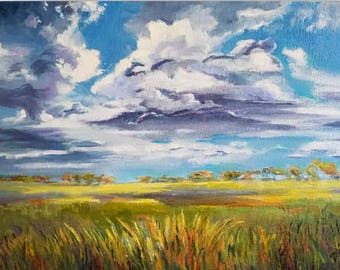 Original Oil FALL CLOUDS Oil Painting, clouds, wheat field, sky, grass, landscape, signed by the artist