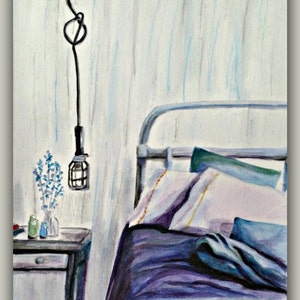 Watercolor Painting, BEDROOM, Original Watercolor, pillow, light, flowers, bed, jars, blankets, vase, table, bed spread, signed by artist image 1