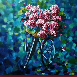 Oil Painting, HYDRANGEAS and the BIKE Original Oil Painting, impasto painting, bike, cycle, hydrangea flowers, blue, bike basket image 1