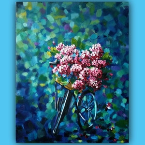 Oil Painting, HYDRANGEAS and the BIKE Original Oil Painting, impasto painting, bike, cycle, hydrangea flowers, blue, bike basket image 5