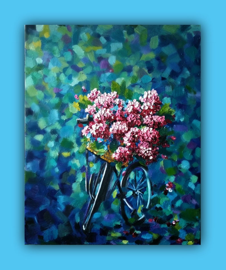 Oil Painting, HYDRANGEAS and the BIKE Original Oil Painting, impasto painting, bike, cycle, hydrangea flowers, blue, bike basket image 5