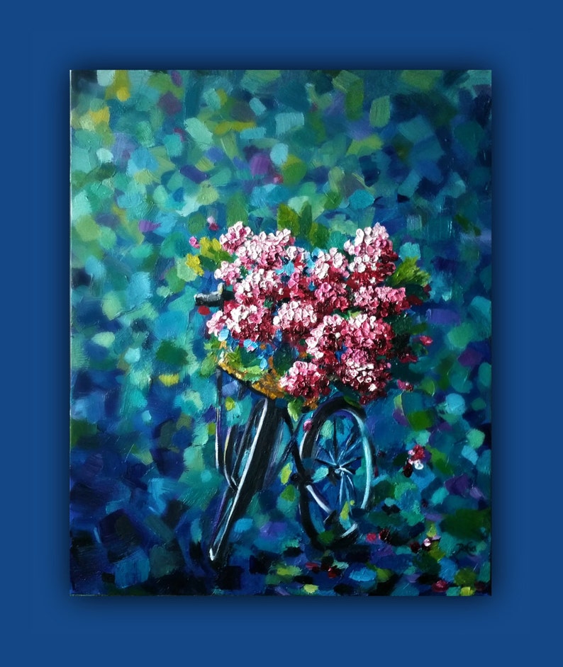 Oil Painting, HYDRANGEAS and the BIKE Original Oil Painting, impasto painting, bike, cycle, hydrangea flowers, blue, bike basket image 4