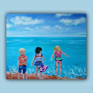 Oil Painting Abstract, 3 BEACH BUDDIES Original Oil Painting, Seascape beach kids, children play ocean clouds SignedByTheArtist image 4