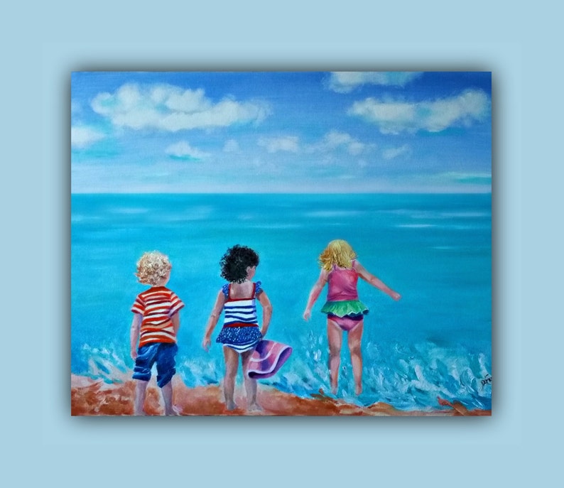 Oil Painting Abstract, 3 BEACH BUDDIES Original Oil Painting, Seascape beach kids, children play ocean clouds SignedByTheArtist image 4