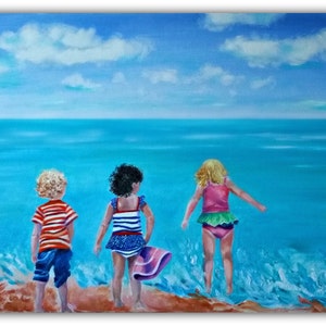 Oil Painting Abstract, 3 BEACH BUDDIES Original Oil Painting, Seascape beach kids, children play ocean clouds SignedByTheArtist image 1