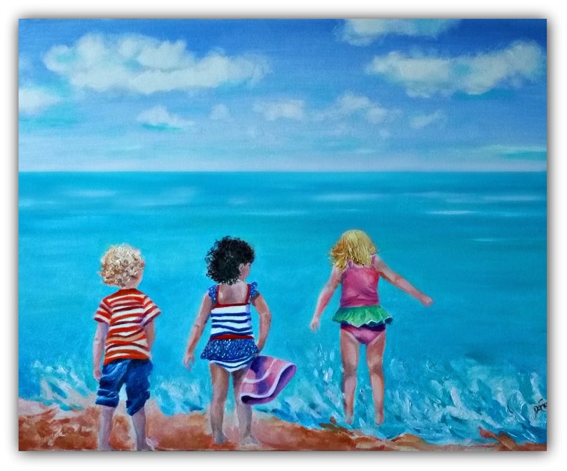 Oil Painting Abstract, 3 BEACH BUDDIES Original Oil Painting, Seascape beach kids, children play ocean clouds SignedByTheArtist image 1