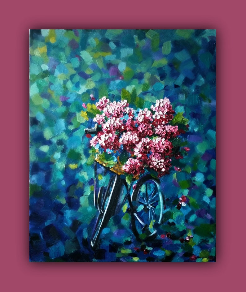 Oil Painting, HYDRANGEAS and the BIKE Original Oil Painting, impasto painting, bike, cycle, hydrangea flowers, blue, bike basket image 3