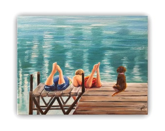 Oil Painting, The DOG DAYS of SUMMER, Original Oil Painting, kids, dog, lake, children, swimsuits, stretch canvas, art, signed by the artist