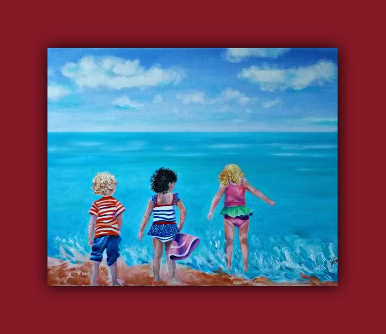 Oil Painting Abstract, 3 BEACH BUDDIES Original Oil Painting, Seascape beach kids, children play ocean clouds SignedByTheArtist image 3