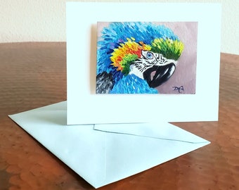 Blank Card - Original Oil Painting, BLUE-PARROT, both art piece also a card. Collectible Original Painting, bird, parrot, ARTbyDanaC, signed