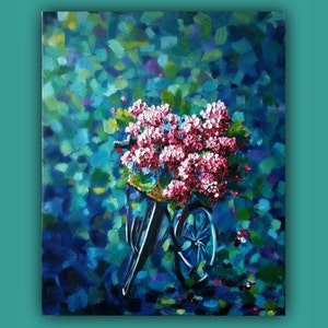 Oil Painting, HYDRANGEAS and the BIKE Original Oil Painting, impasto painting, bike, cycle, hydrangea flowers, blue, bike basket image 2