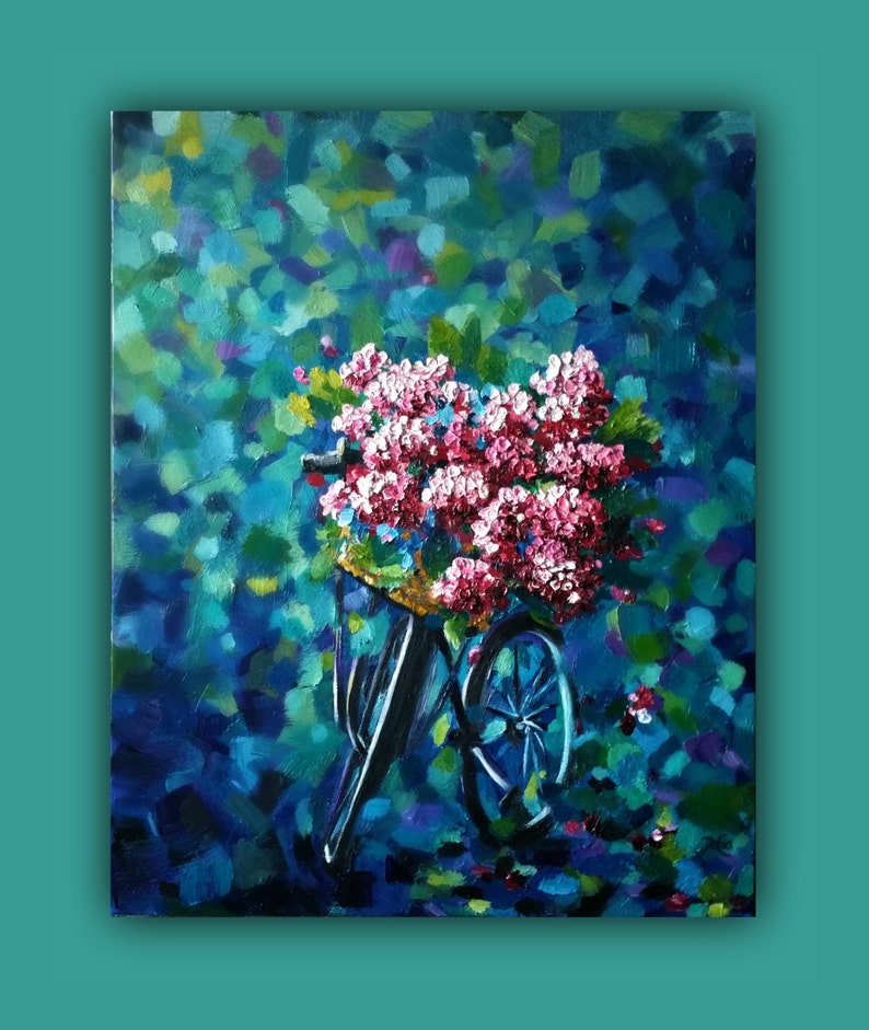 Oil Painting, HYDRANGEAS and the BIKE Original Oil Painting, impasto painting, bike, cycle, hydrangea flowers, blue, bike basket image 2