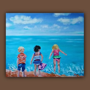 Oil Painting Abstract, 3 BEACH BUDDIES Original Oil Painting, Seascape beach kids, children play ocean clouds SignedByTheArtist image 5