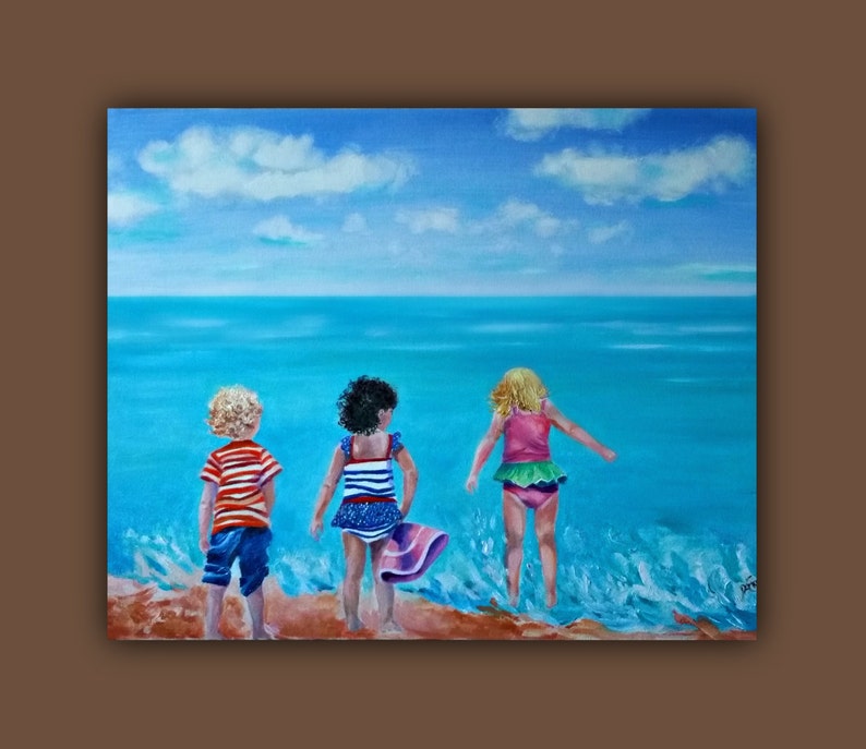 Oil Painting Abstract, 3 BEACH BUDDIES Original Oil Painting, Seascape beach kids, children play ocean clouds SignedByTheArtist image 5