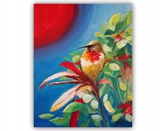 Oil Painting, "HUMMER in RED" Original Oil Painting, painting hummingbird, sun, leaves, blue, bird, nature, red, signed by the artist